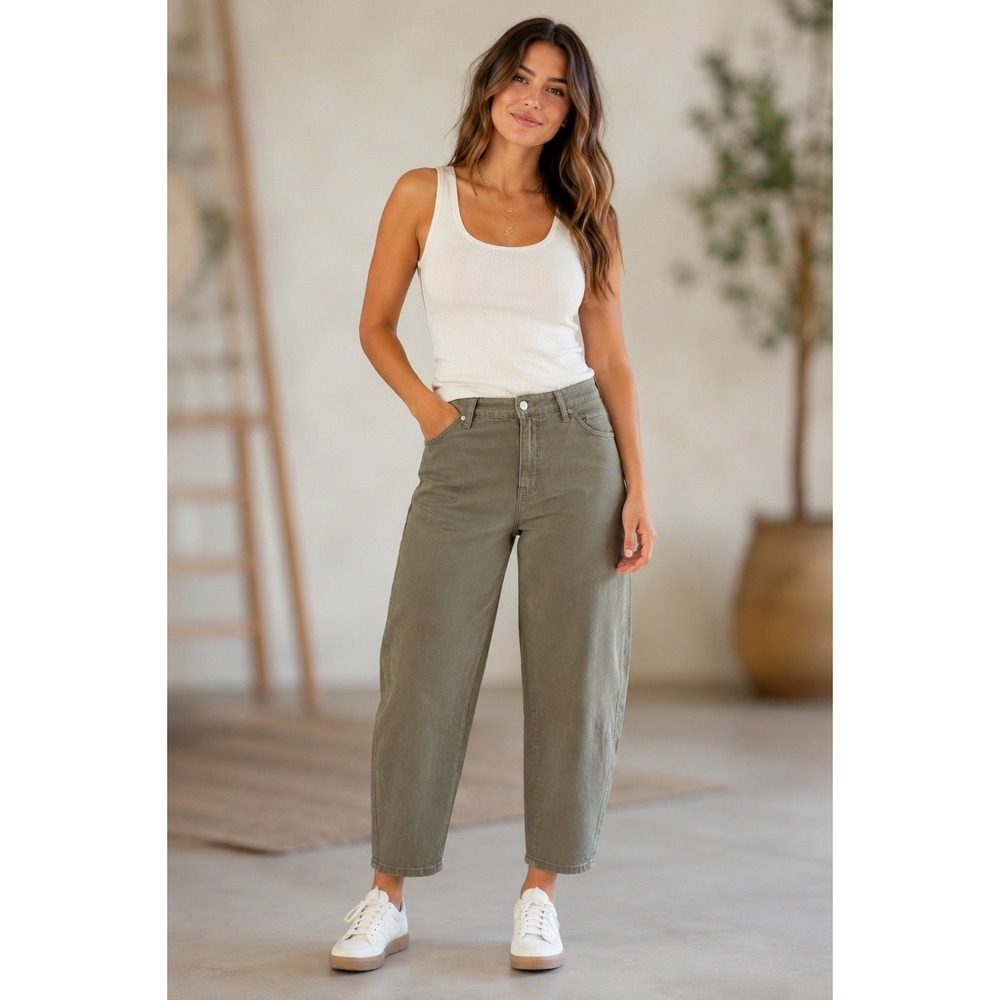 Scandi Girl High Rise Barrel Jeans Olive Green Size 16 Modern Utility Balloon